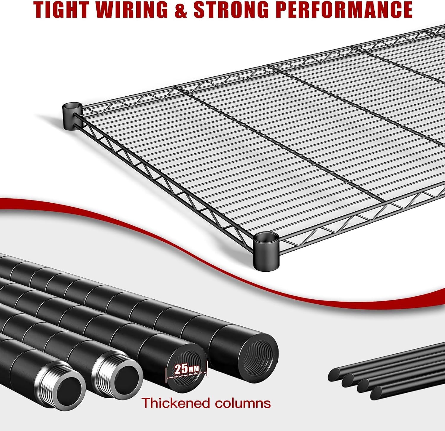 AIRAJ 48' W Storage Shelves Heavy Duty | 3200 LBS Metal Shelving | 5 Tier Wire Shelving | Garage Shelving Units and Storage | Rolling Wire Rack with Wheels | Adjustable Layer Height | 48'W×24'D×72' H