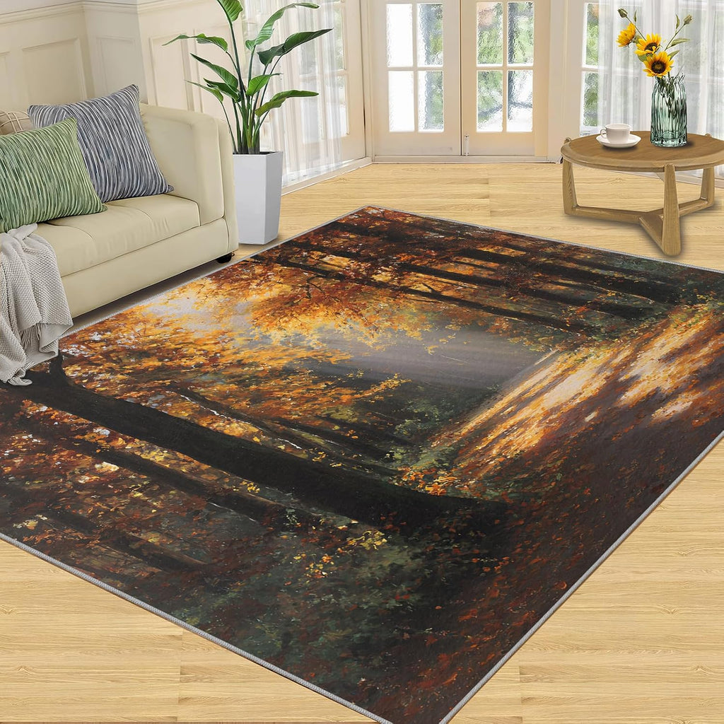 Forest Rugs for Bedroom, Autumn Forest Rug 6x8, Natural Scenery Dining Room Rugs Washable & Non Slip Large Carpet for Home Decor