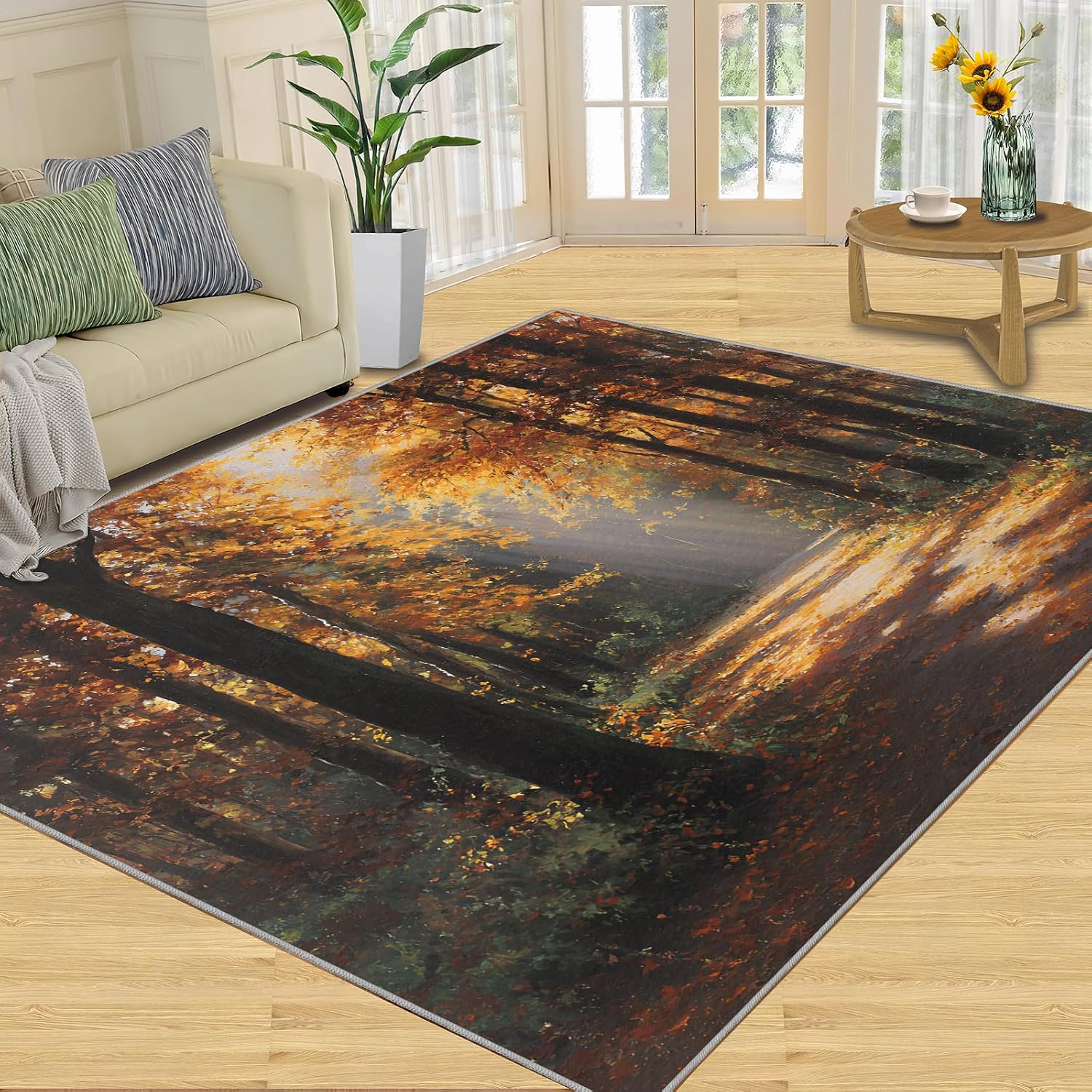 Forest Rugs for Bedroom, Autumn Forest Rug 6x8, Natural Scenery Dining Room Rugs Washable & Non Slip Large Carpet for Home Decor