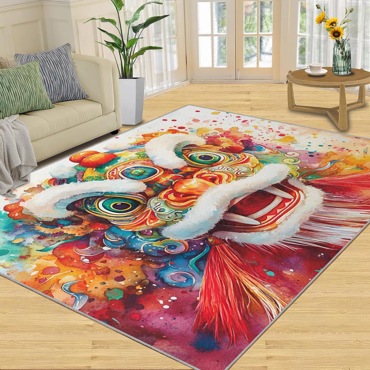 Chinese Tradition Rugs for Bedroom, Lion Dance Rug 6x8, Chinese New Year Decor Dining Room Rugs Washable & Non Slip Large Carpet for Home Decor