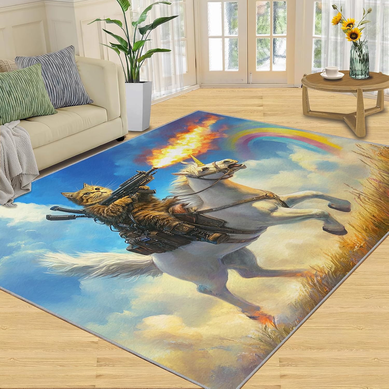 Cartoon Rugs for Living Room, Animal Print Rug, Horse & Cat Prints Washable Rugs for Bedroom, Low Pile & Non Slip, Indoor Carpet, 6x8 Area Rug & Home Decor