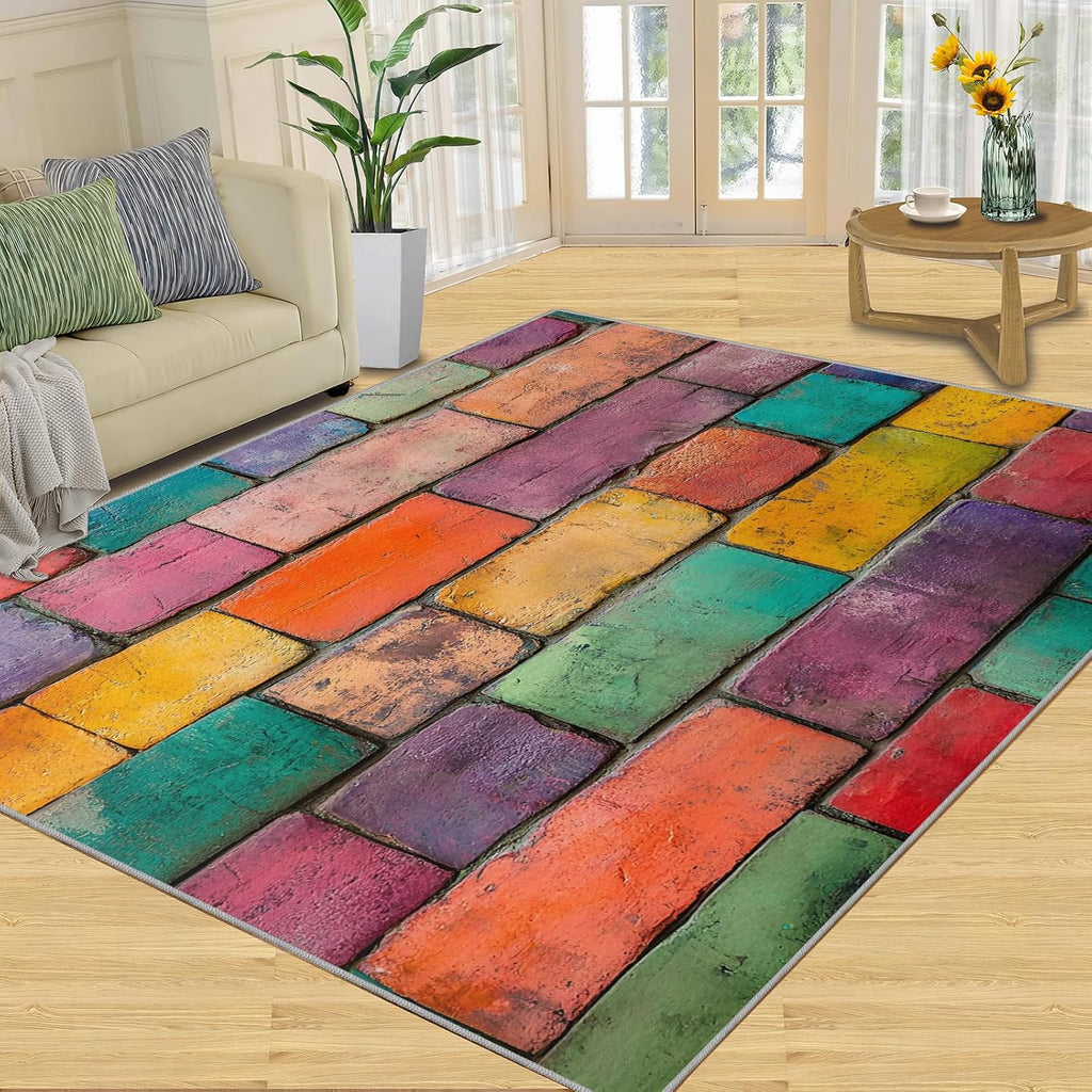 Colored Wall Tiles Area Rug, Retro Distressed Rugs for Living Room, Low Pile Soft High Traffic Rugs for Front Entrance Floor Decor Mat 6x8