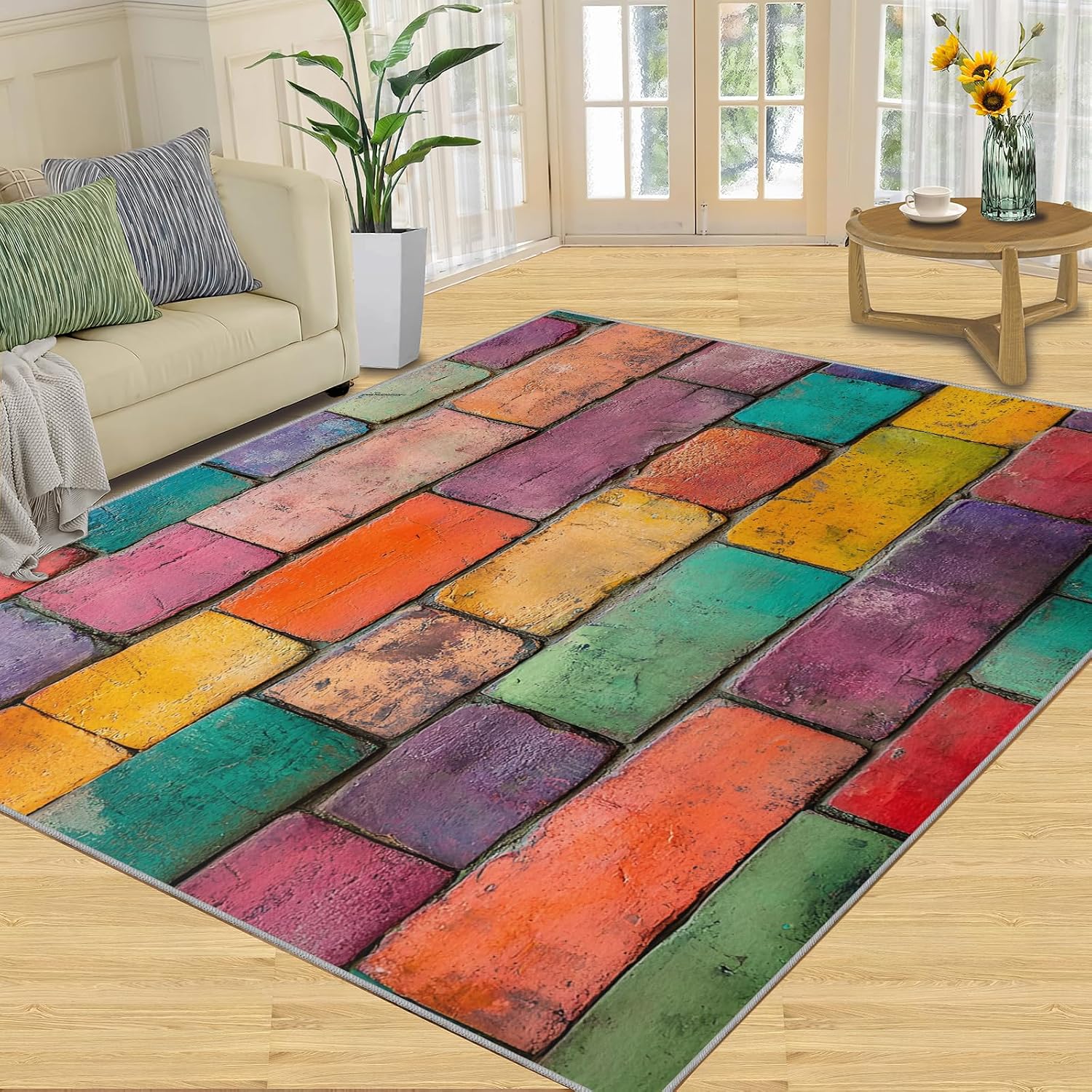 Colored Wall Tiles Area Rug, Retro Distressed Rugs for Living Room, Low Pile Soft High Traffic Rugs for Front Entrance Floor Decor Mat 6x8