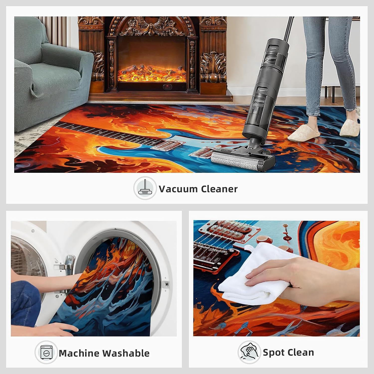 Guitar Rugs for Music Room - Boys Musical Rug, 6x8 Rug, Music Washable Rugs for Living Room Bedroom, Abstract Area Rug, Rock and Roll Carpet - Home Decor, Electric Guitars Gifts for Men