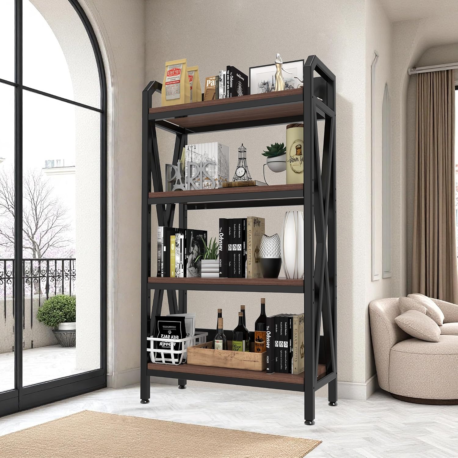 56.30'' Bakers Rack 4 Level Storage Shelves Metal and Wooden Kitchen Shelves, Kitchen Organizers and Storage, for Garage, Bathroom, Closet,33.50'' Length