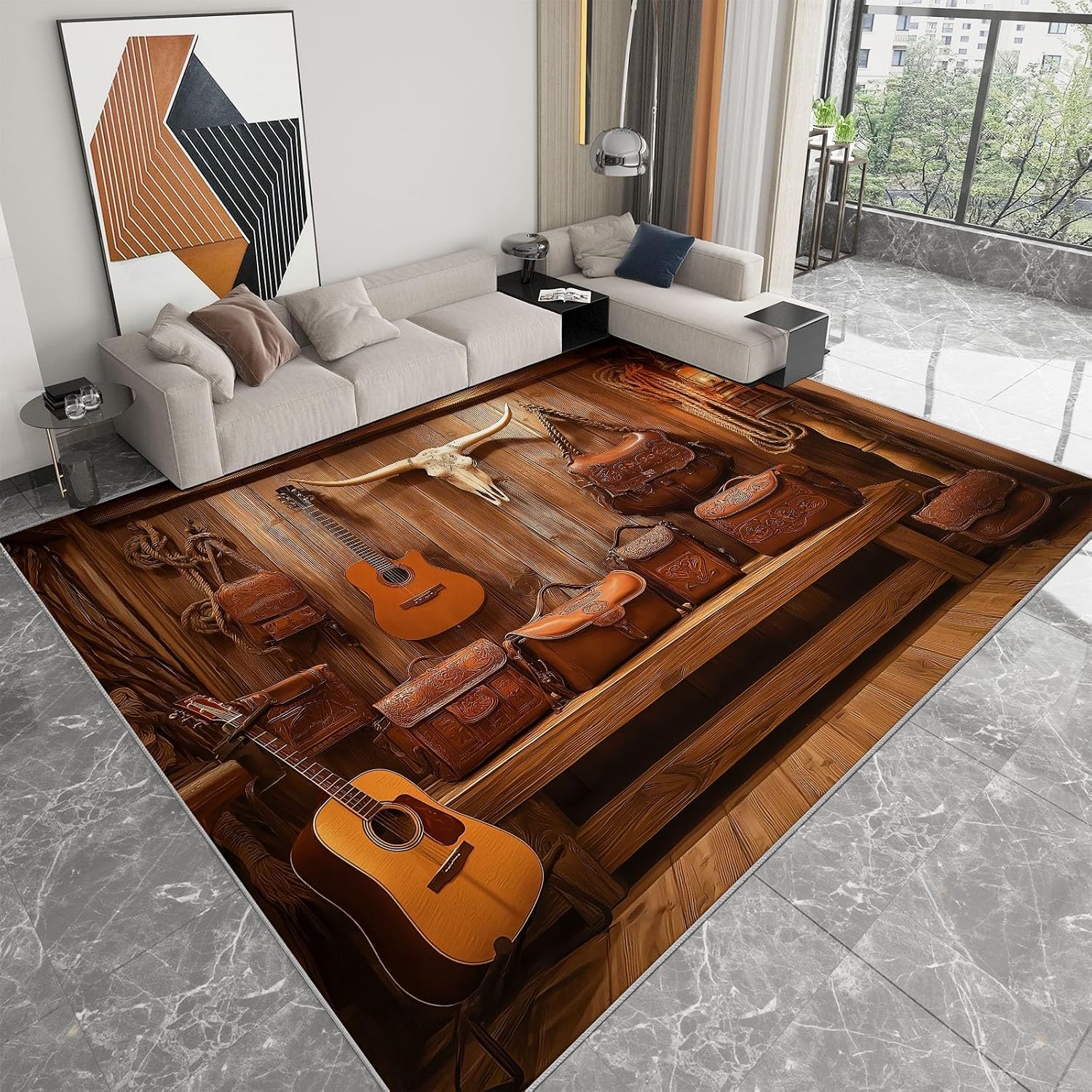 Bedroom Area Rug 6 x 9 ft Western Cowboy Guitar Print Carpet, Living Room Non-Slip Rug Retro Style Washable - Indoor Rectangle Large Carpet for Kitchen Office Playroom Decor