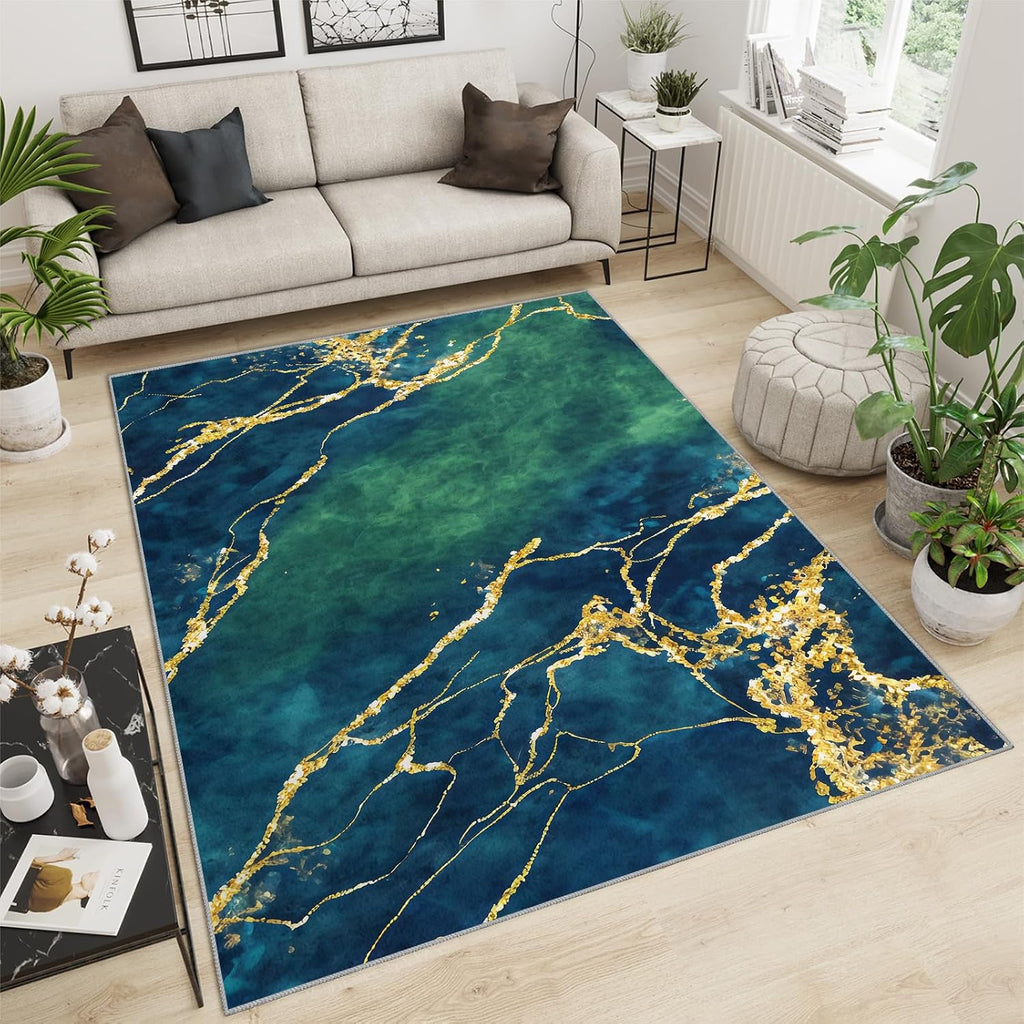 Navy Blue Stone Marble Area Rug, Gold Giltter Rugs for Living Room, Indoor Non-Slip Kids Rugs, Machine Washable Breathable Durable Carpet for Front Entrance Floor Decor,6 x 8ft