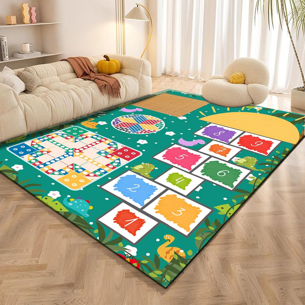 Hopscotch Cartoon Kids Rugs, 6x8ft, Flying Chess Gobang Classroom Playing Carpet, Washable Home Decor Non-Skid Carpet, Non-Shedding Low Pile Thin Nursery Mat for Kitchen Indoor Entryway
