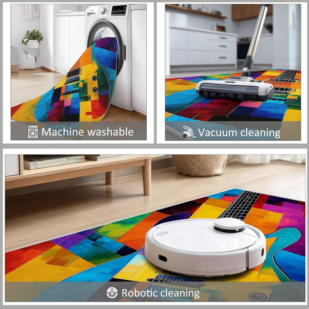 Area Rug 6x9 ft Abstract Colorful Guitar Rugs for Living Room Bedroom, Soft Washable Rug, with Non Slip Backing, Modern Faux Cashmere Low-Pile Carpet, Print Pattern Rug
