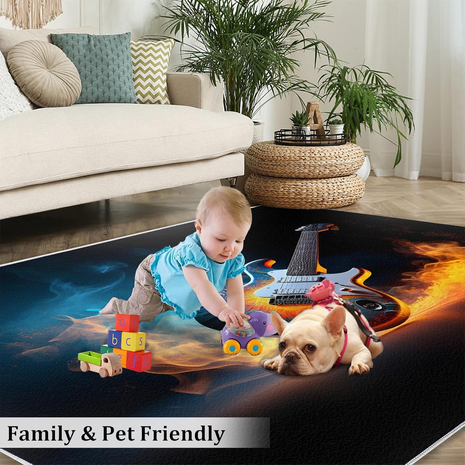 Guitar Rugs for Music Room - Music Rug, 6x8 Rug, Boys Musical Washable Rugs for Living Room Bedroom, Burning Area Rug, Rock and Roll Carpet - Home Decor, Electric Guitars Gifts for Men