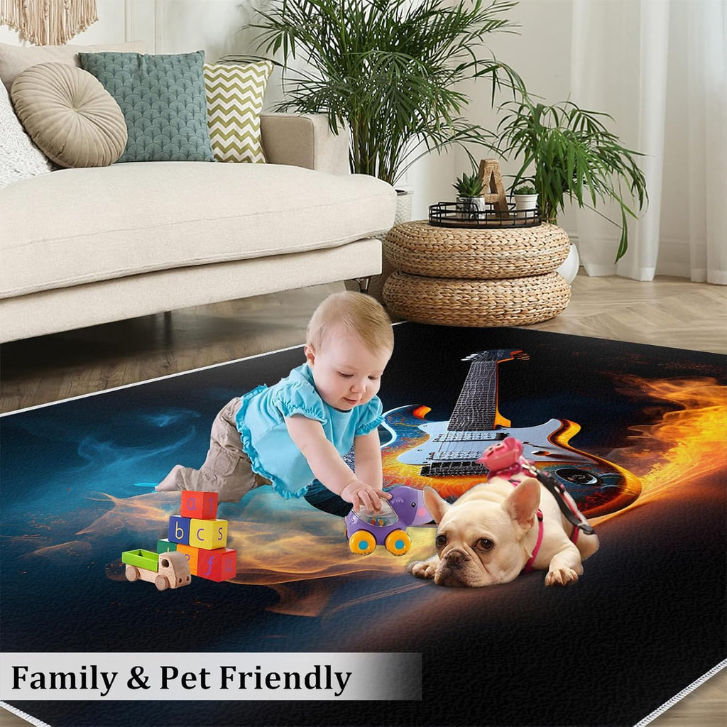 Guitar Rugs for Music Room - 5x7 Rug, Music Home Decor, Boys Musical Washable Rugs for Living Room Bedroom, Burning Area Rug, Rock and Roll Carpet, Electric Guitars Gifts for Men
