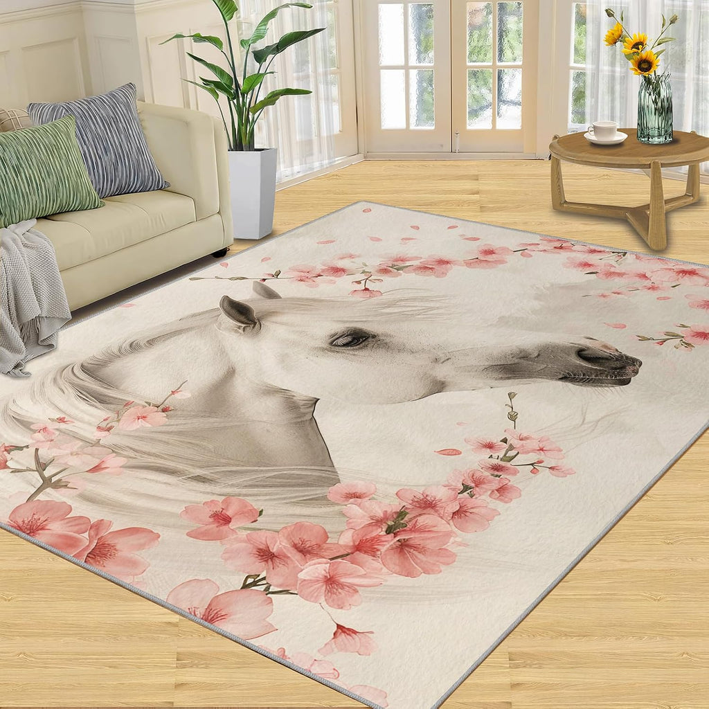 Cherry Blossom Rug for Kids Room - 6x8 Large Rug, Girls White Horse Rugs for Bedroom Western Animal Horse Area Rugs for Living Room Home Decor Washable Rug