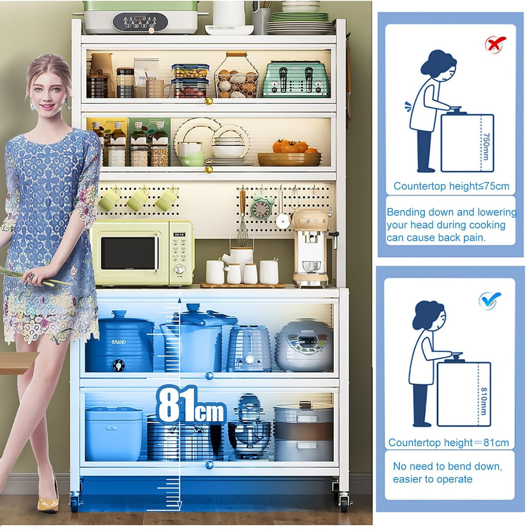 White Baker's Rack with Storage Drawer - Microwave Stand Cabinet, Metal Shelves for Kitchen, Garage, Pantry, Spices, Flip Door Pegboard Accessories, Space-Saving Organize,White,100cm/40in