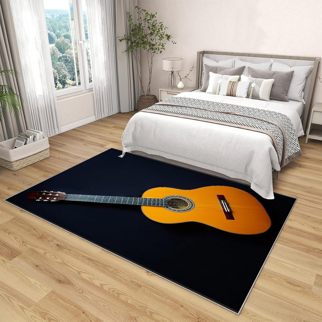Area Rug 5' x 7' Washable Rugs Musical Theme Area Rug Acoustic Guitar Soft Non-Slip Resistant Floor Carpets for Living Room Kids Room Home Office (Orange Color)