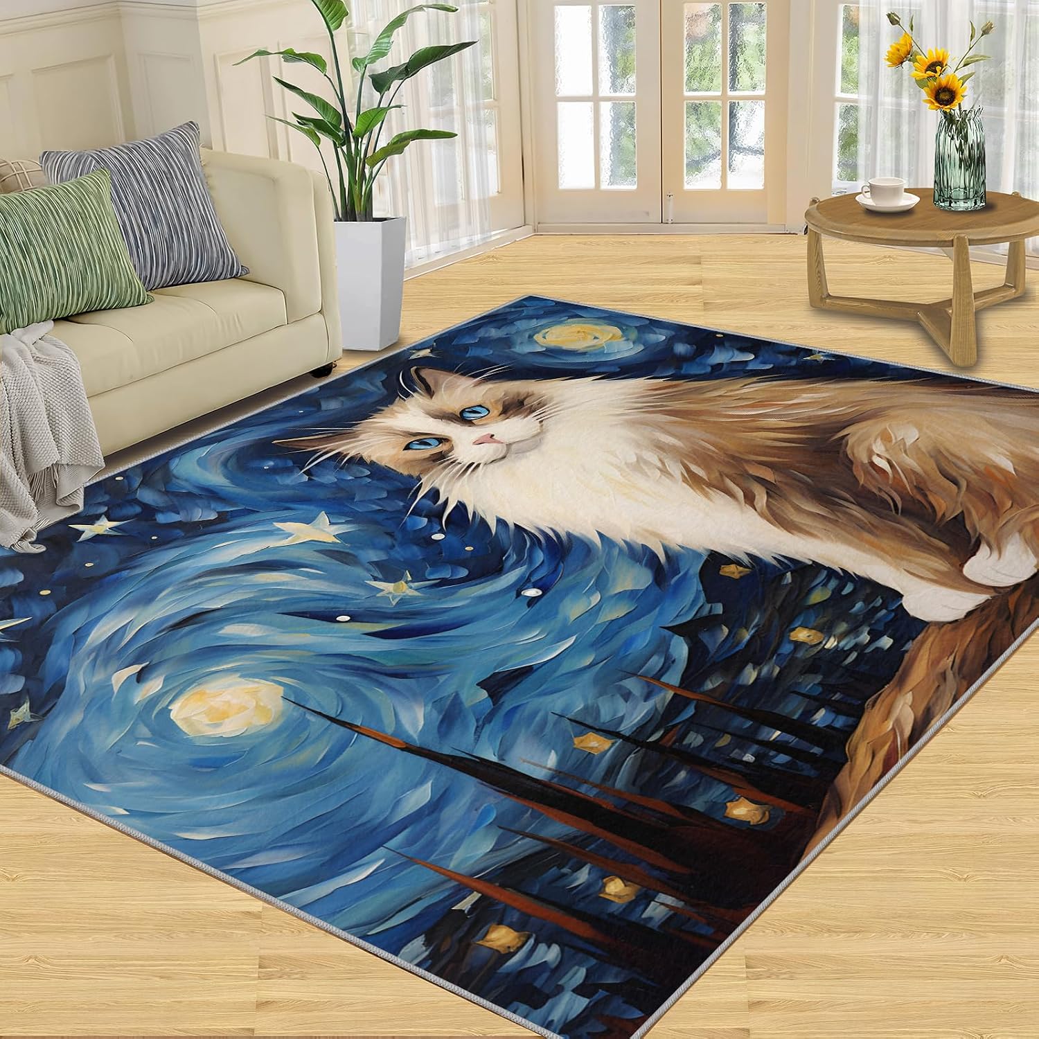 6x8 Area Rug - Starry Sky Ragdoll Cat Large Rugs for Living Room, Post-Impressionist Art Painting Carpet Area Rug for Girls Bedroom Kids Room Basement Office Classroom
