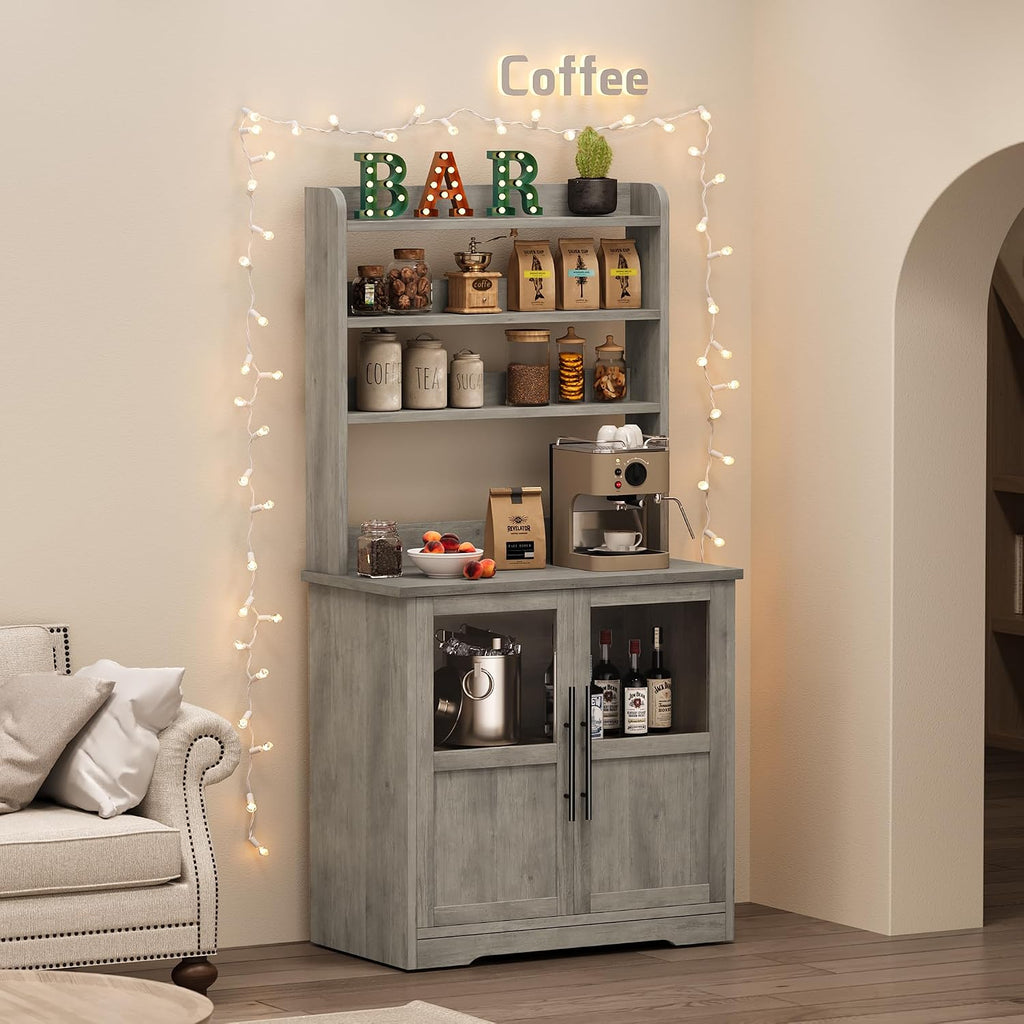 6-Tier Kitchen Bakers Rack,Storage, Power Outlet, and Glass Doors,Freestanding Farmhouse Coffee Bar Cabinet for Kitchen, Living Room, Dining Room,Gray