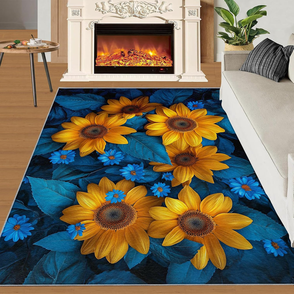 Sunflower Rug 6x8-6x8 Rug, Flower Area Rugs for Bedroom, Blue Daisy Rugs for Living Room, Modern Washable Mat, Floral Carpet, Sunflower Home Decor & Gifts