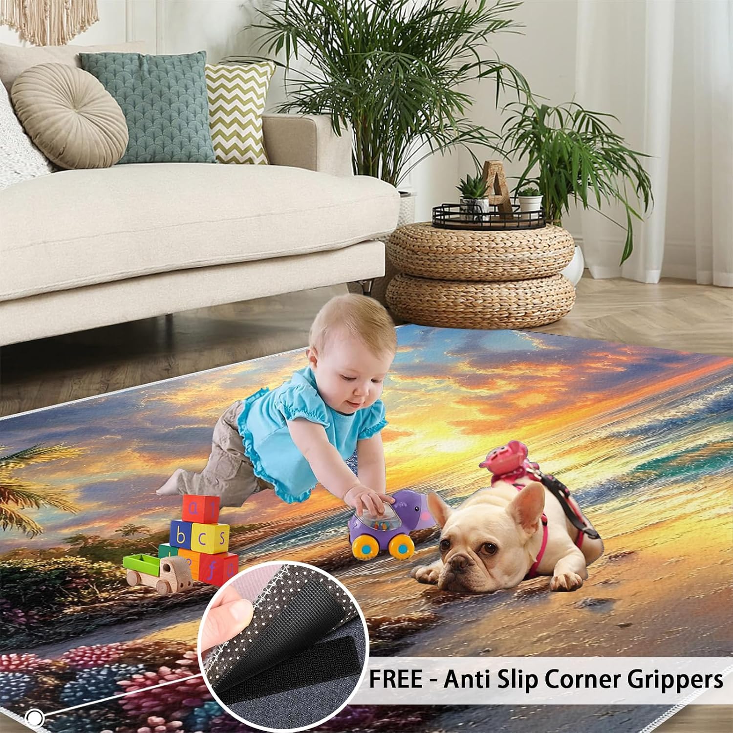 Beach Rug 6x8, Scenery Rugs for Living Room, Oil Painting Beach Area Rug, Washable Rugs for Bedroom, Kitchen Dining Room Decor Carpet