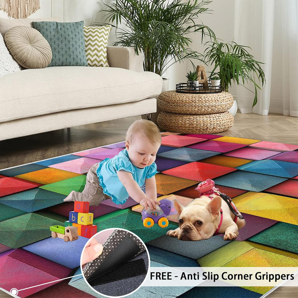 Colorful Rugs for Bedroom, 3D Geometry Area Rug, Abstract Modern Rugs for Living Room, 6x8 Washable Rug Non Slip & Low Pile, Indoor Carpet & Home Decor