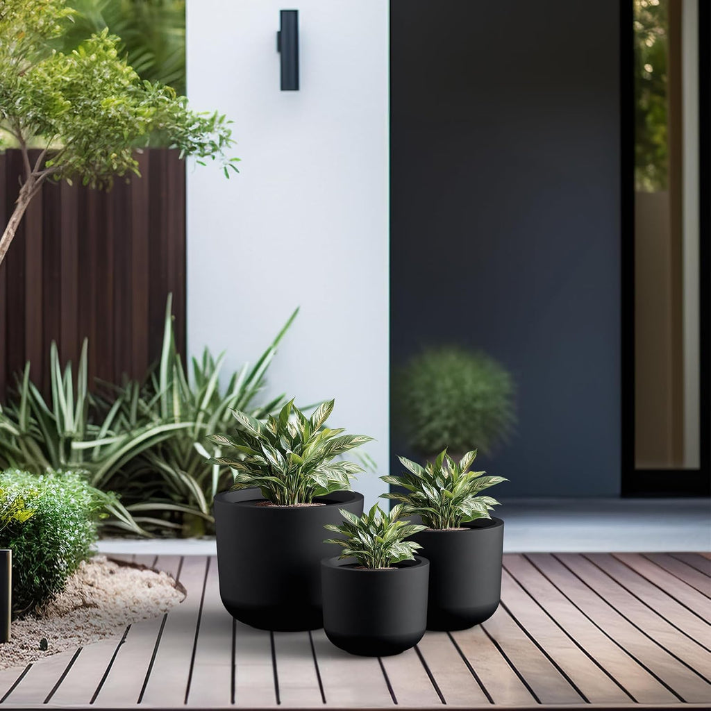 Kante 13',11',9' Dia Black Round Planters (Set of 3), Outdoor Indoor Modern Planter Pots, Lightweight, Weather Resistant, Seamless with Drainage Hole