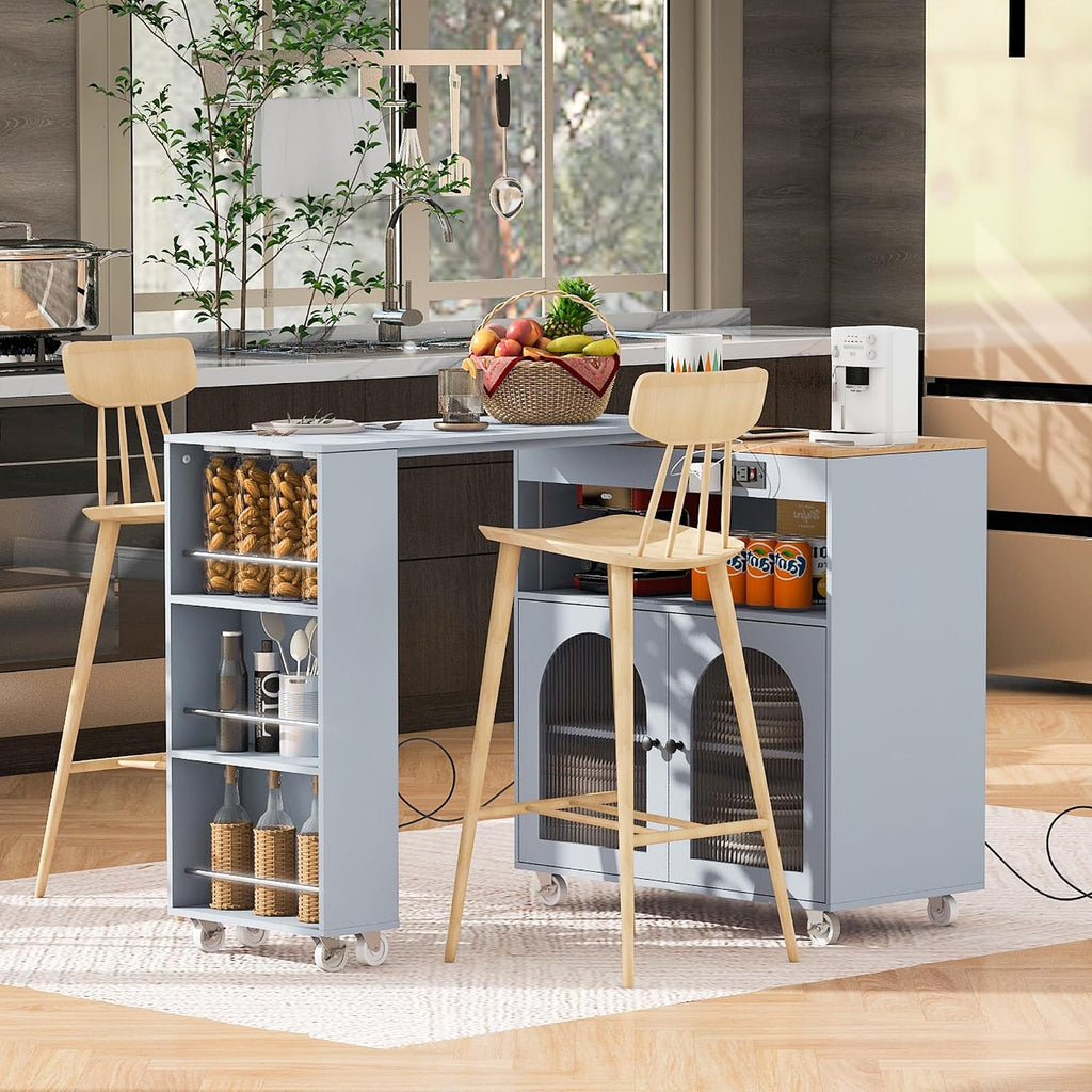 Merax Kitchen Island with Extended Table, Rolling Kitchen Islands Cart with LED Lights, Power Outlets, 2 Fluted Glass Doors, Storage Compartment, and Side 3 Open Shelves (Grey Blue)
