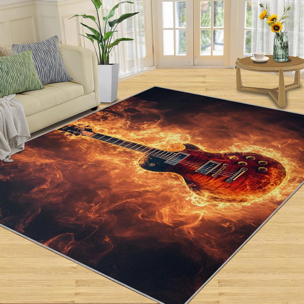 Flame Guitar Rug - Rug 5x7 - Electric Guitar Rugs for Living Room - Soft & Non Slip & Washable Rugs for Bedroom, Instrument Carpets for Dining Room Lounge Girls Room