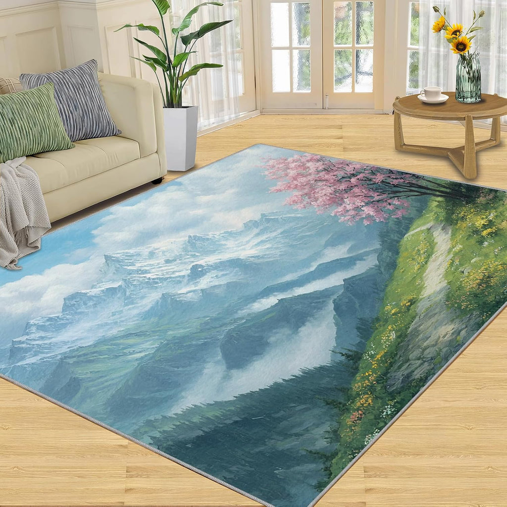 Cherry Blossoms Rugs for Living Room 6x8 Rug, Mountains Area Rug, Natural Scenery Rugs, Large Machine Washable Rug, Non-Slip Floor Carpet for Bedroom Kids Room Home Decor