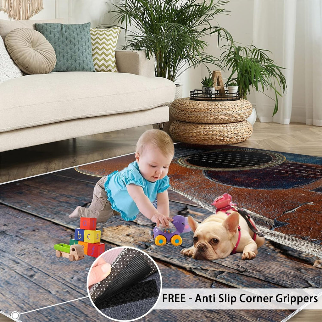 Guitar Rugs for Bedroom Girls, Acoustic Guitar Rug 5x8, Vintage Instrument Living Room Rugs Washable & Non Slip Carpet for Home Decor