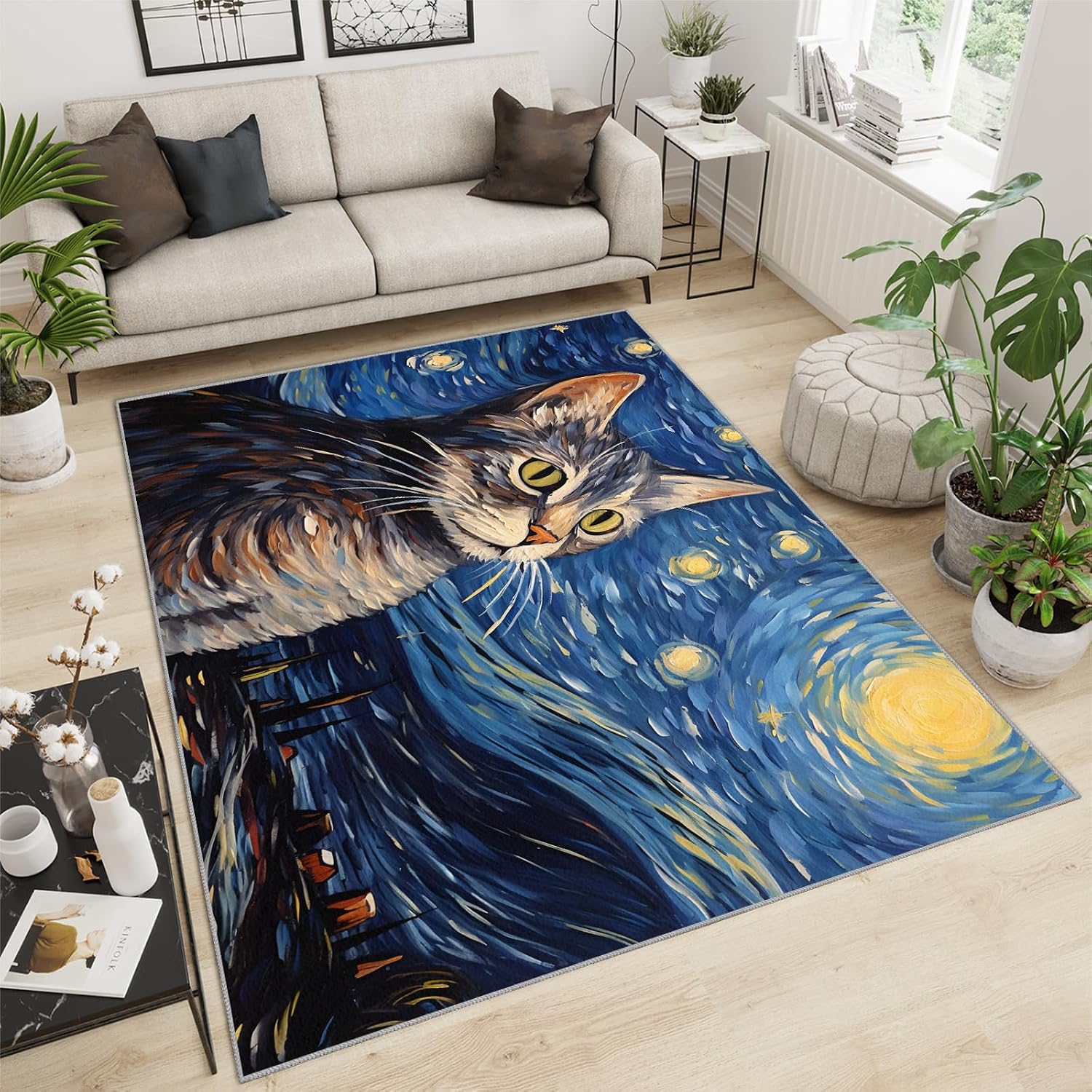 6x8 Area Rug - Starry Sky American Shorthair Cat Large Rugs for Living Room, Post-Impressionist Art Painting Carpet Area Rug for Girls Bedroom Kids Room Basement Office Classroom