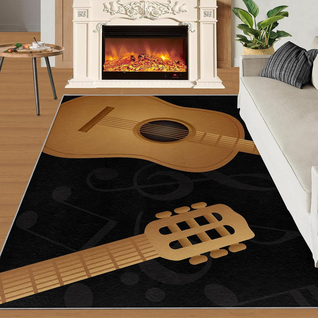Classical Guitar Music Area Rug, Modern Black Rugs for Living Room, Indoor Non-Slip Kids Rugs, Machine Washable Breathable Durable Carpet for Front Entrance Floor Decor,8 x 10ft