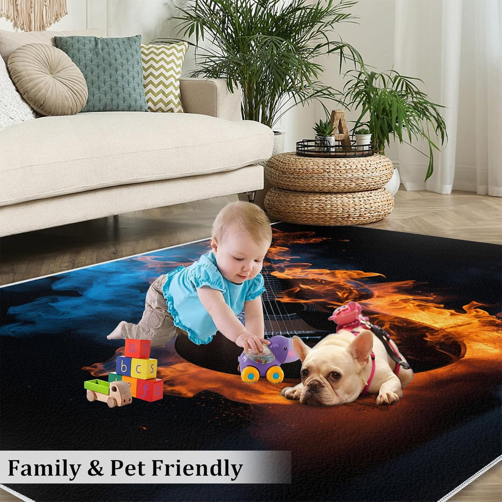 Guitar Home Decor Area Rug - Cool Guitar Bedroom Rug - Music Lover Living Room Rugs - Non-Slip Low Pile Carpet for Kids Room Band Recording Studio 8x10ft