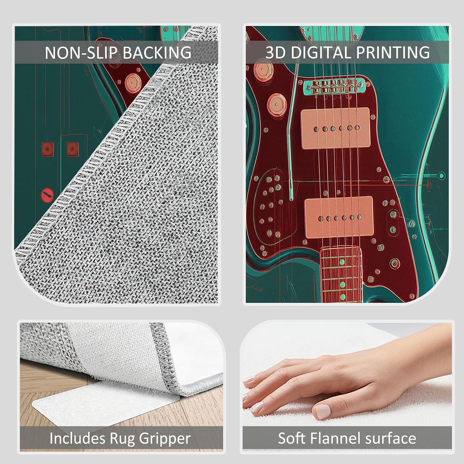 Retro Low-Pile Rug Electric Guitar Graphic 5 x 7 ft Area Rug, Dark Green Non-Slip Carpet Floor Mat Indoor Outdoor Rugs for Living Room Bedroom Kids Room Home Decor Throw Runner