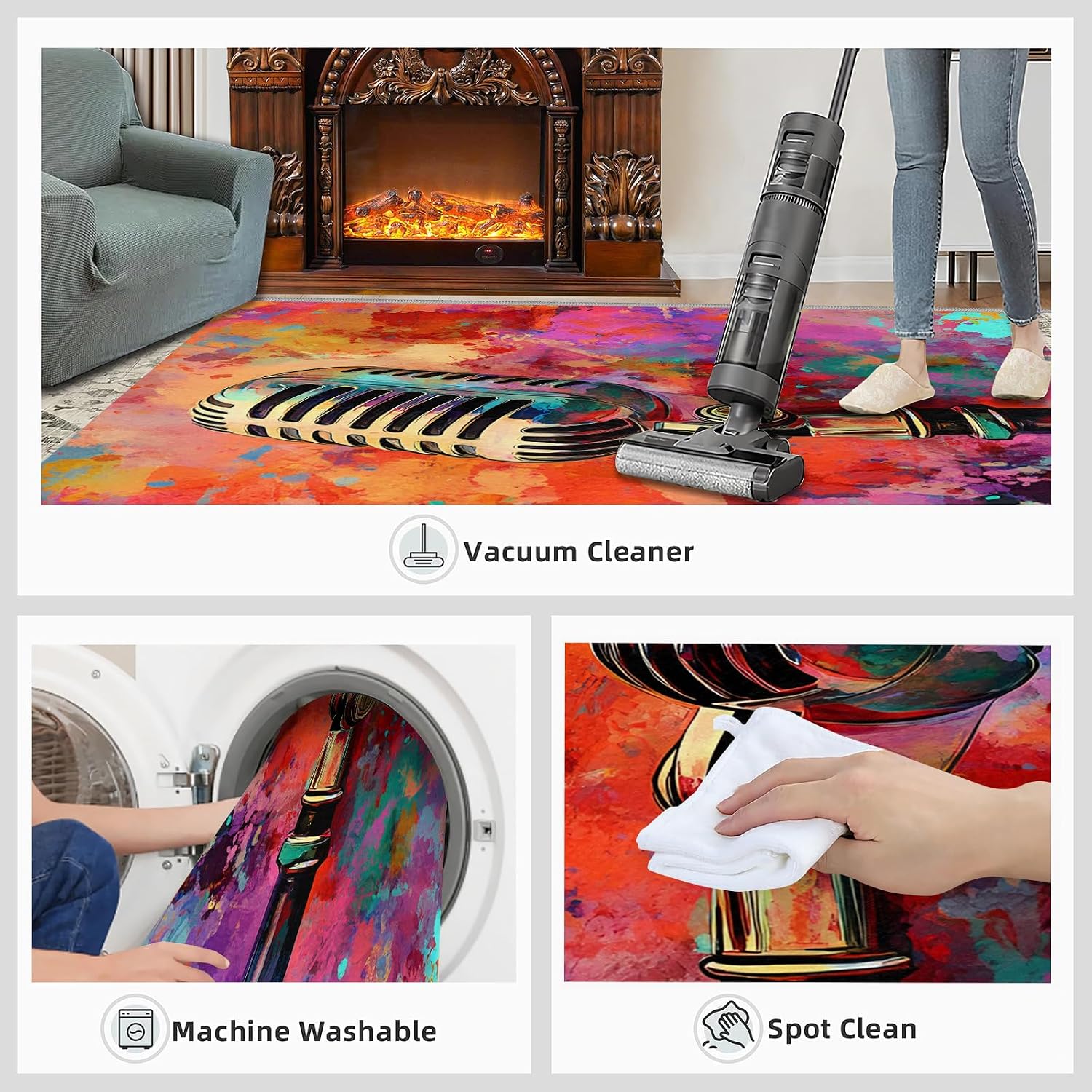 Guitar Rug & Home Decor - 7x9 Large Rug, Graffiti Rugs for Living Room Bedroom, Boys Cool Washable Rugs, Rock and Roll Area Carpet, Non Slip Indoor Guitar Floor Carpet & Music Room Decor