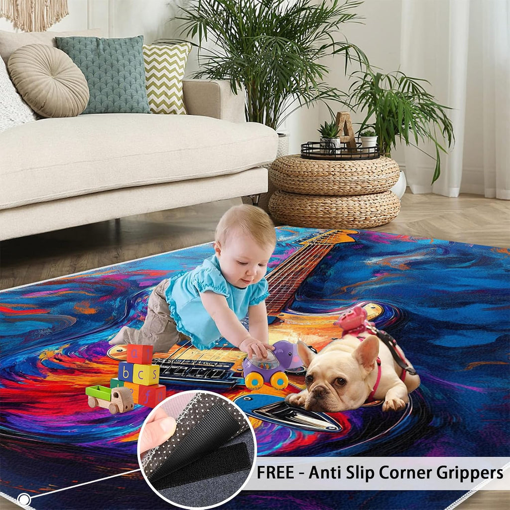 Electric Guitar Rugs for Bedroom, Rock Guitar Rug 6x8, Colorful Music Dining Room Rugs Washable & Non Slip Large Carpet for Home Decor