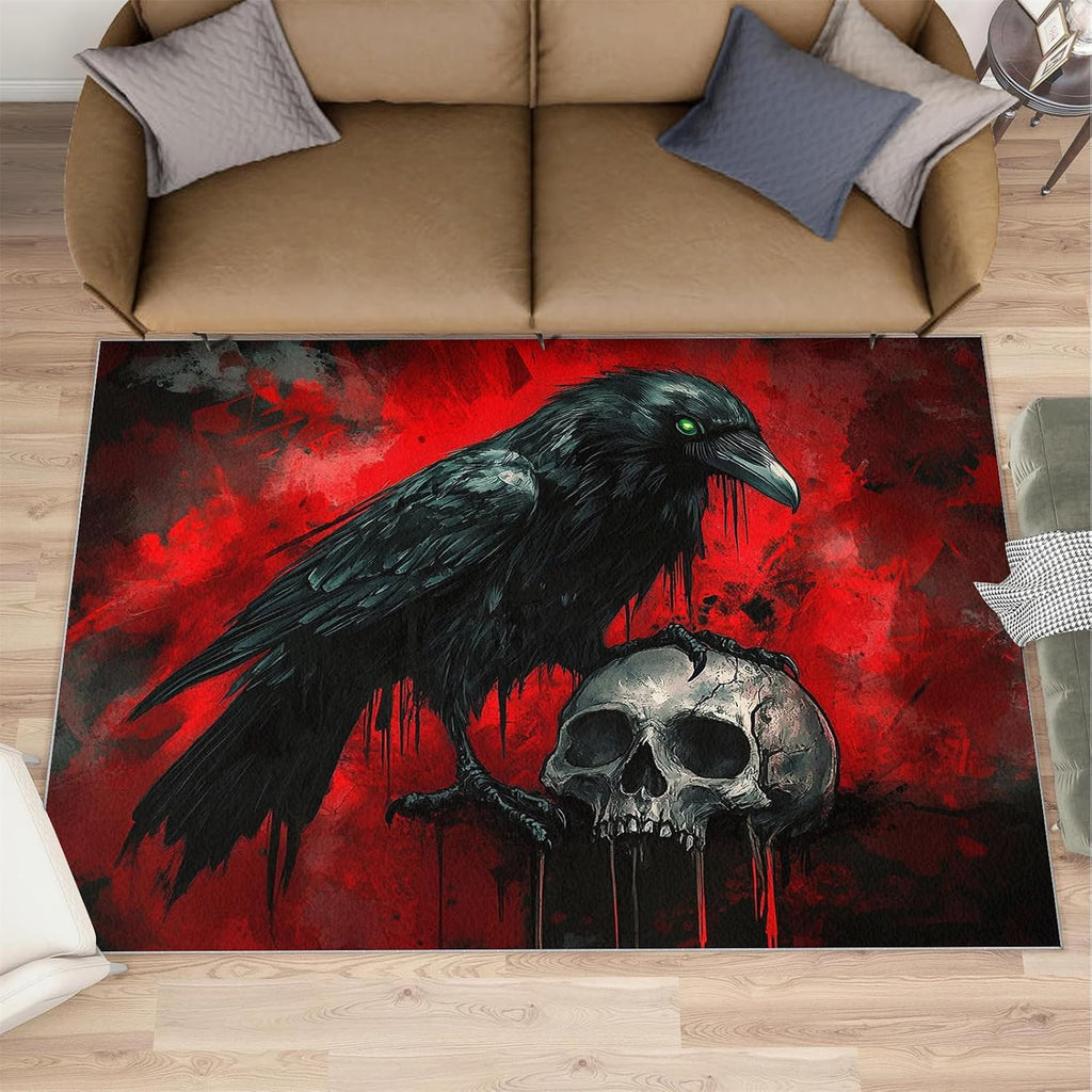 Gothic Skull Crow Rug 6x8-6x8 Rug, Raven Washable Rugs for Living Room, Halloween Carpet, Gothic Non-Slip Area Rugs for Bedroom, Skull Crow Carpet, Halloween Home Decor