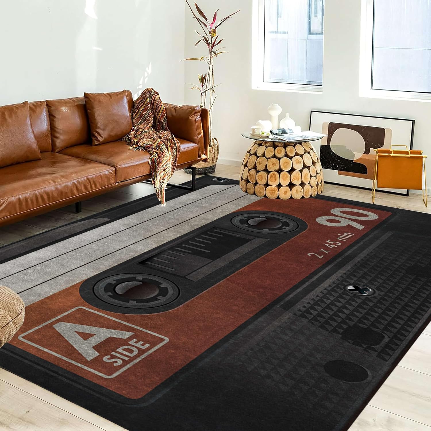 Record Area Rug 6x8ft Music Carpet for Bedroom Living Room Classroom Study Playing Non-Slip Floor Mat Carpets Vintage Shabby Black Rugs Music Room Decor for Men Home Decor