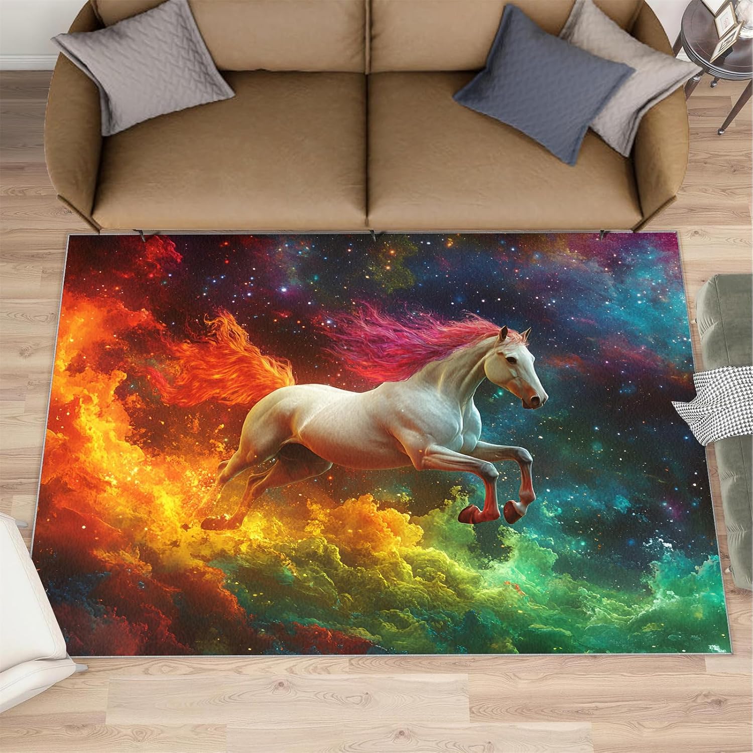 Horse Rug 6x8-6x8 Rug, Fantasy Galaxy Washable Rugs for Living Room, Colorful Starry Carpet, Colorful Clouds Non-Slip Area Rugs for Bedroom, Animal Carpet, Horse Home Decor