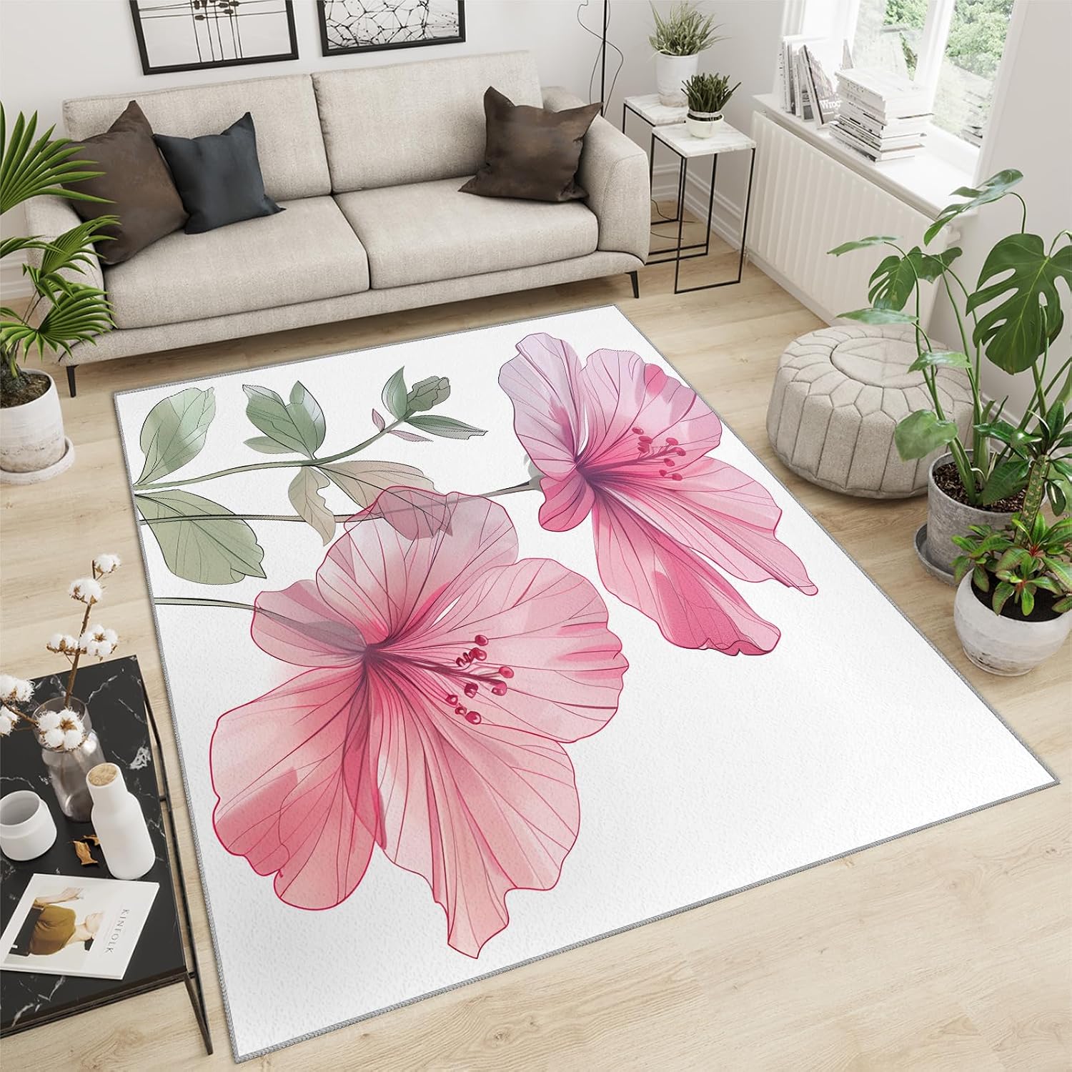 Area Rug 6x8ft, Simple Painting Flowers Rugs for Living Room, Exquisite Art Home Bedroom Rugs, Ultra Soft Non-Slip Short Pile Carpet for Kids Room Under Kitchen Table Office Bedside