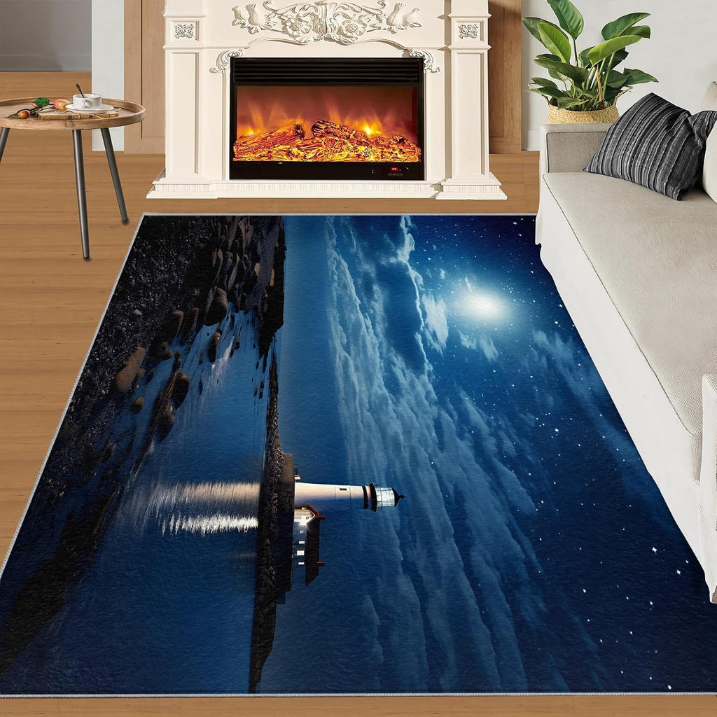 6x8 Rug Blue Shining Starry Sky Area Rugs, Seaside Night Scene Easy Clean Rug, Soft Non-Skid Carpet Throw Rugs for Kids Teen Girls Boys Bedroom, Living Room Bathroom Classroom Office