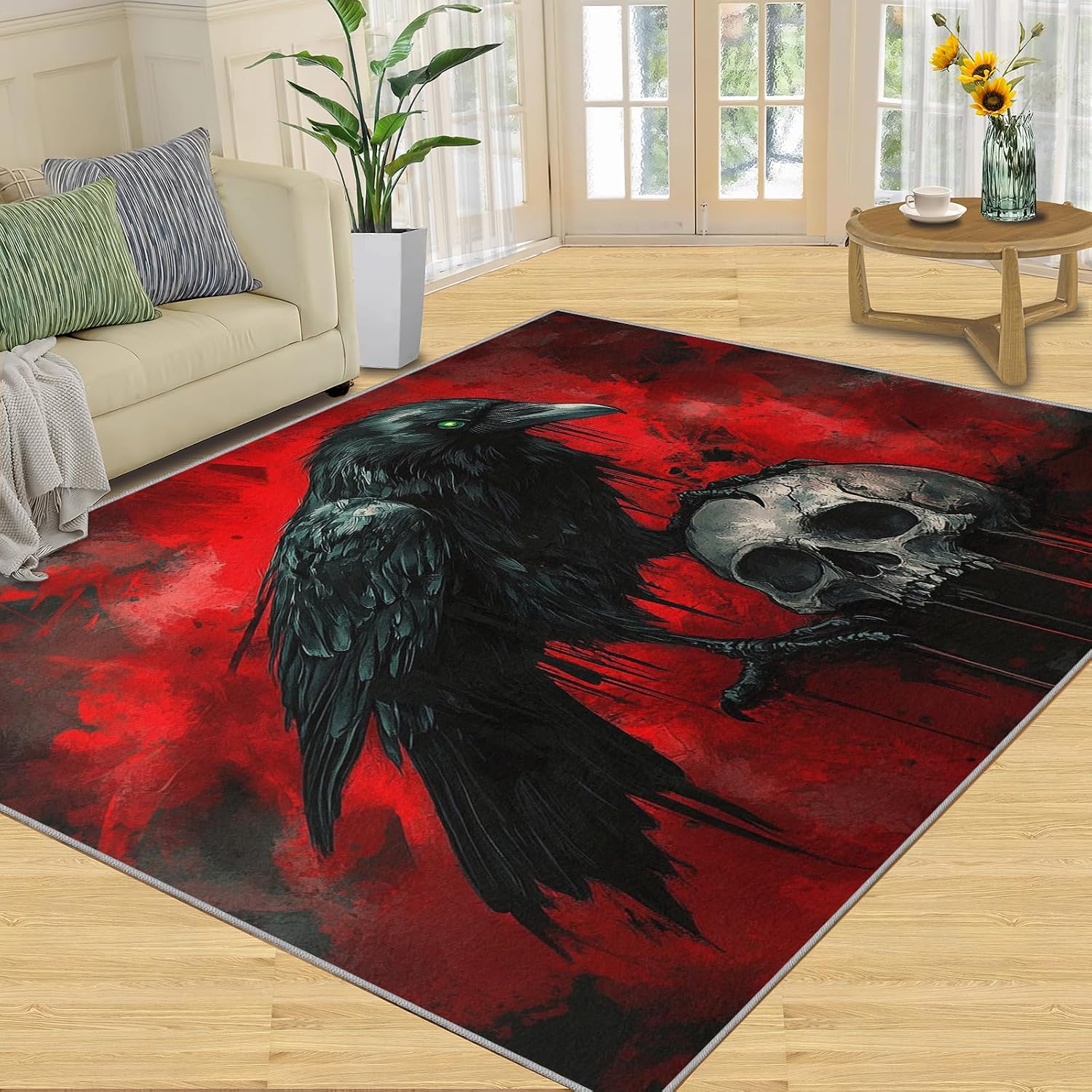 Gothic Skull Crow Rug 6x8-6x8 Rug, Raven Washable Rugs for Living Room, Halloween Carpet, Gothic Non-Slip Area Rugs for Bedroom, Skull Crow Carpet, Halloween Home Decor