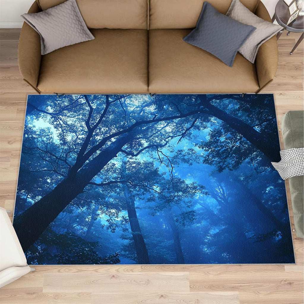 Misty Forest Area Rug Large - 6x8 Rug, Blue Forest Rugs for Living Room, Woodland Area Rugs for Bedroom, Natural Scenery Washable Carpet, Landscape Home Decor & Gifts