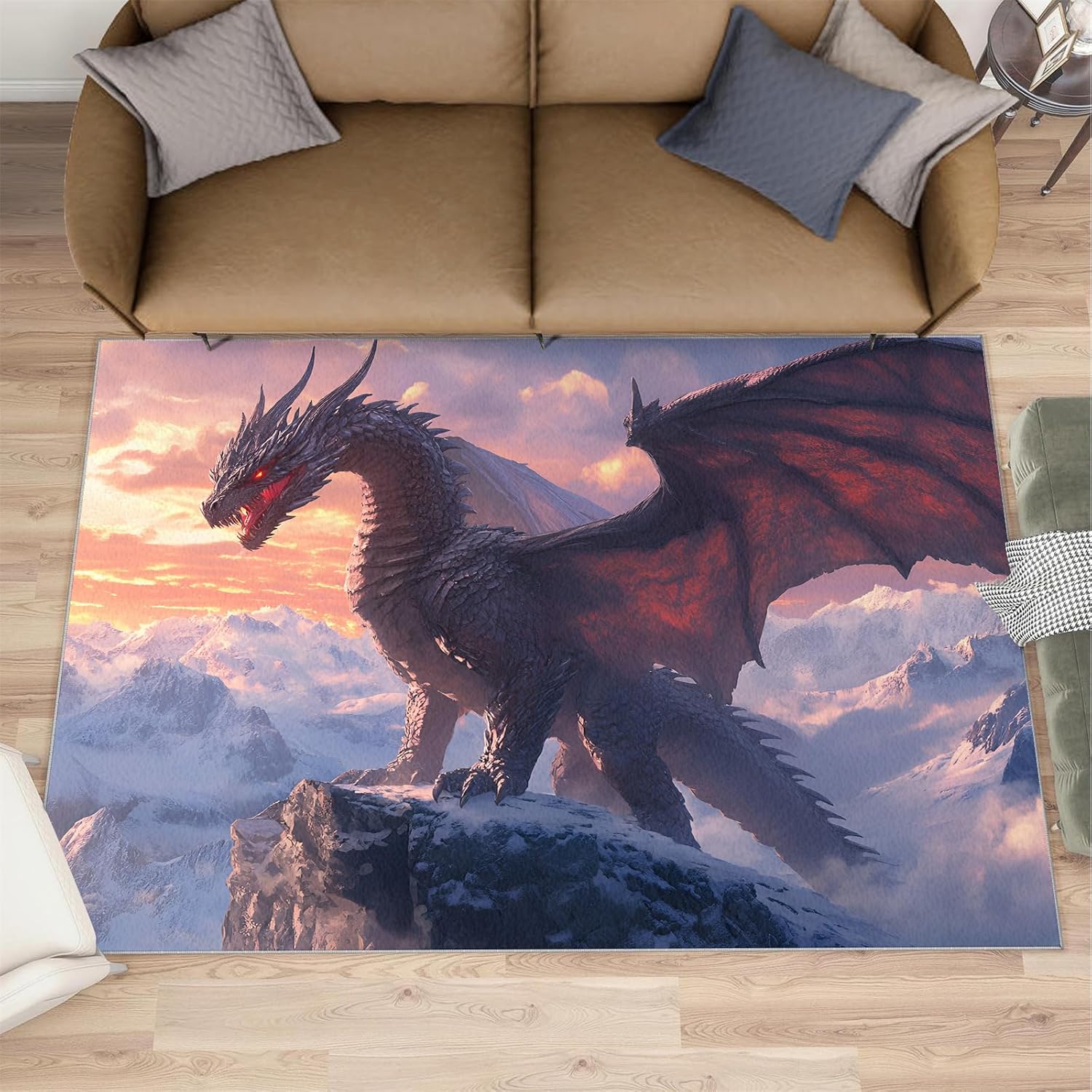 Dragon Rugs for Bedroom, Snow Mountain Dragon Rug 6x8, Mythical Creature Dining Room Rugs Washable & Non Slip Large Carpet for Home Decor