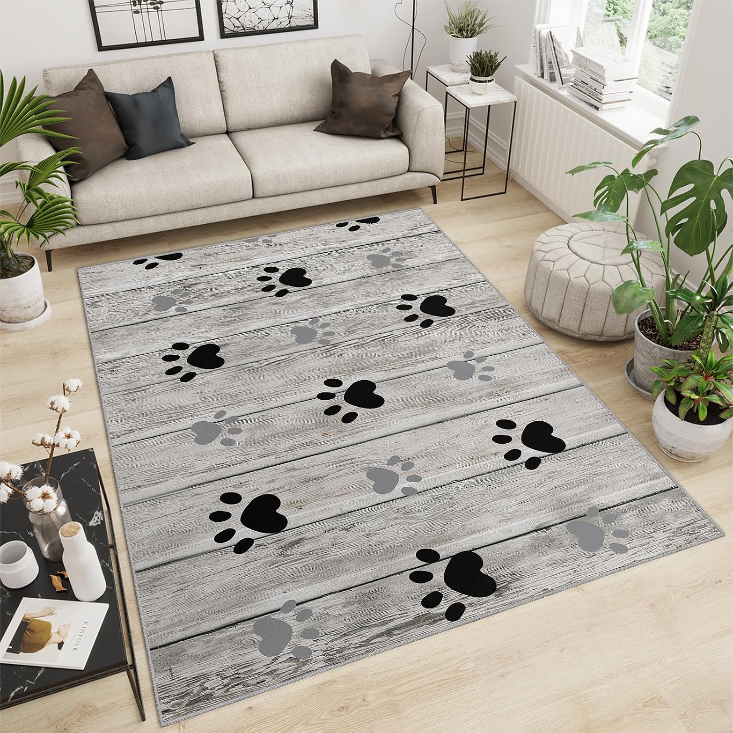 6x8 Rug Cute Dog Paws Home Decor Rug, Gray Wooden Board Art Easy Clean Carpet with Anti-Slip Backing Durable Not Falling Off for Bedroom Living Room Dining Room Office