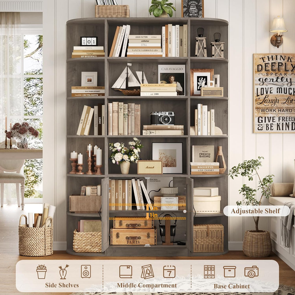 HOSTACK 75' Tall Book Shelf and Bookcase, 6 Tier Bookshelf with Storage, 47' Wide Bookcase with Door, Freestanding Wood Display Shelves with Book Storage Cabinet for Home Office, Living Room, Ash Grey