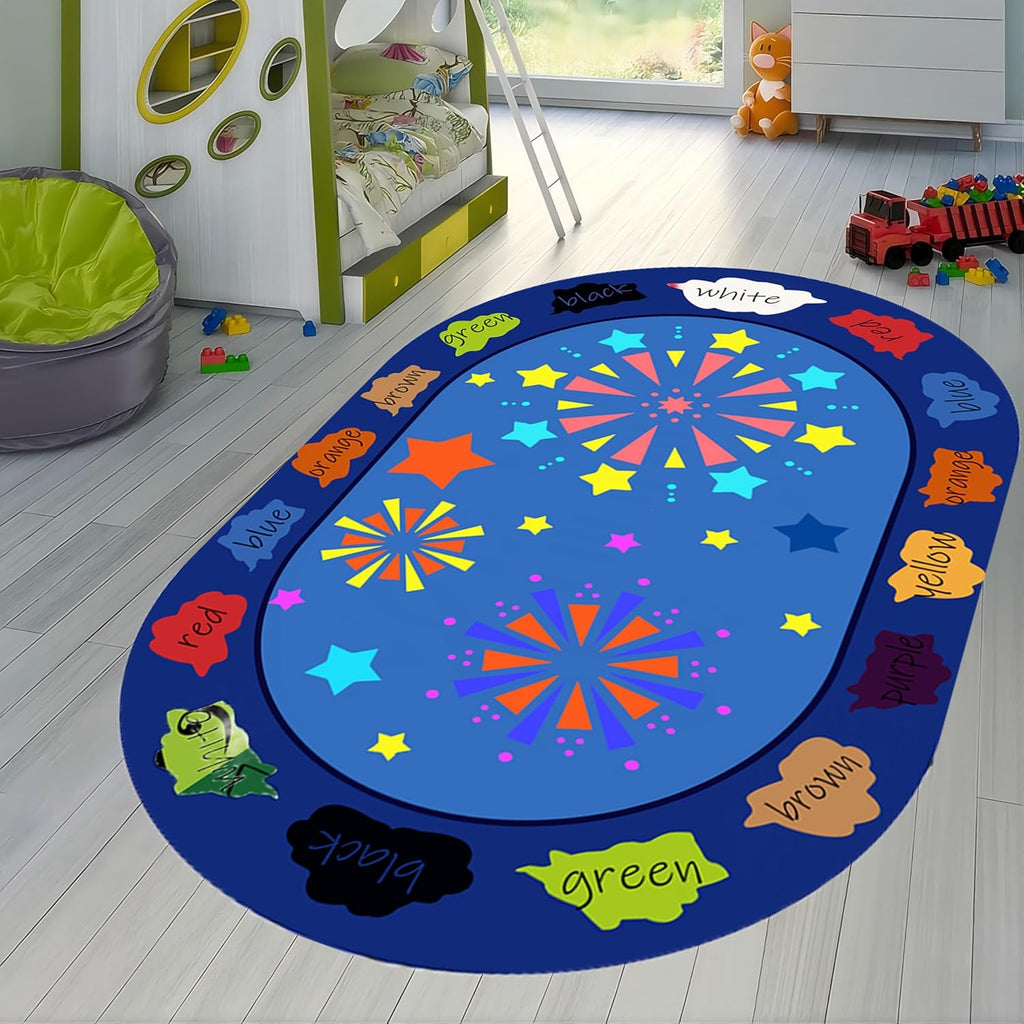 Kids Series Area Rugs,6x8ft,Rugs for Kids to Learn Colors and Shapes, Star Fireworks Pattern Oval Rugs for Classroom Playroom, Soft Non-Slip Floor Mats for Boys and Girls Bedroom Decoration