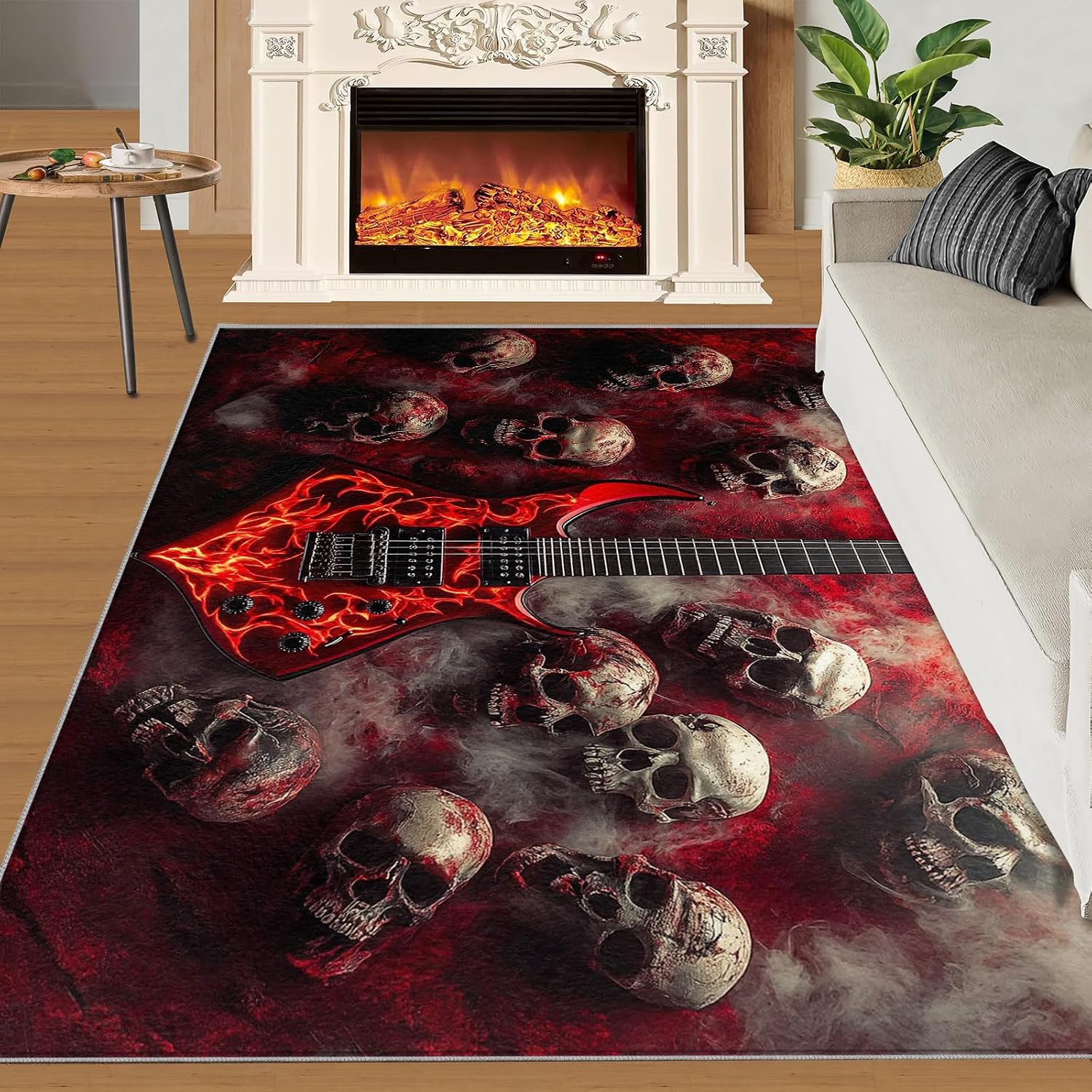 Skull Rug 6x9-6x9 Rug, Guitar Area Rugs for Living Room Bedroom, Gothic Area Carpet, Halloween Washable Carpet, Halloween Home Decor & Gifts