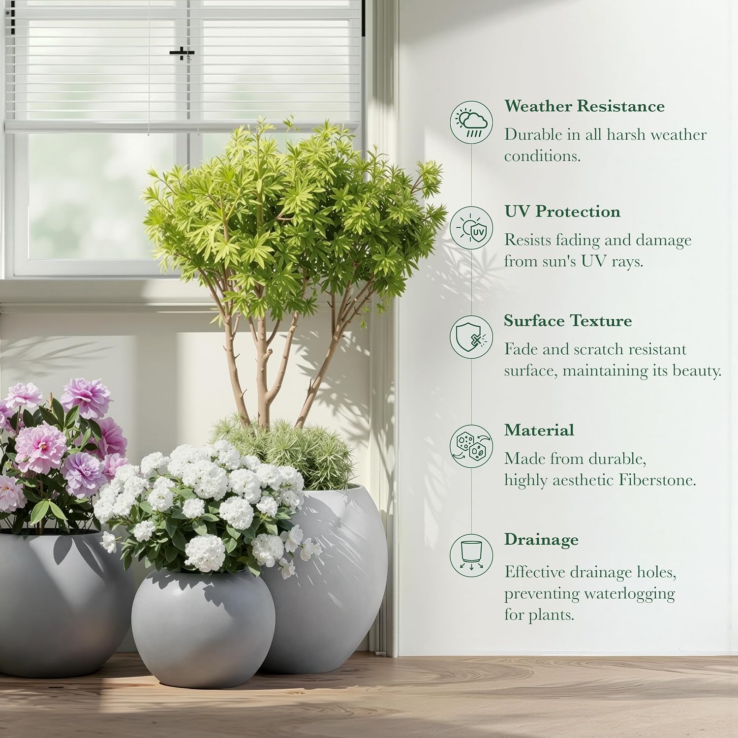 DTY Premium Mt Sherman Fiberstone Sphere Planter for Indoor Outdoor Use, Round Pot for Olive Tree, Lightweight, Smooth Finishes. 2 Extra Coco Mats. Gray, Large 21.1'' D x 16.7'' H. 14.6' Pot Opening