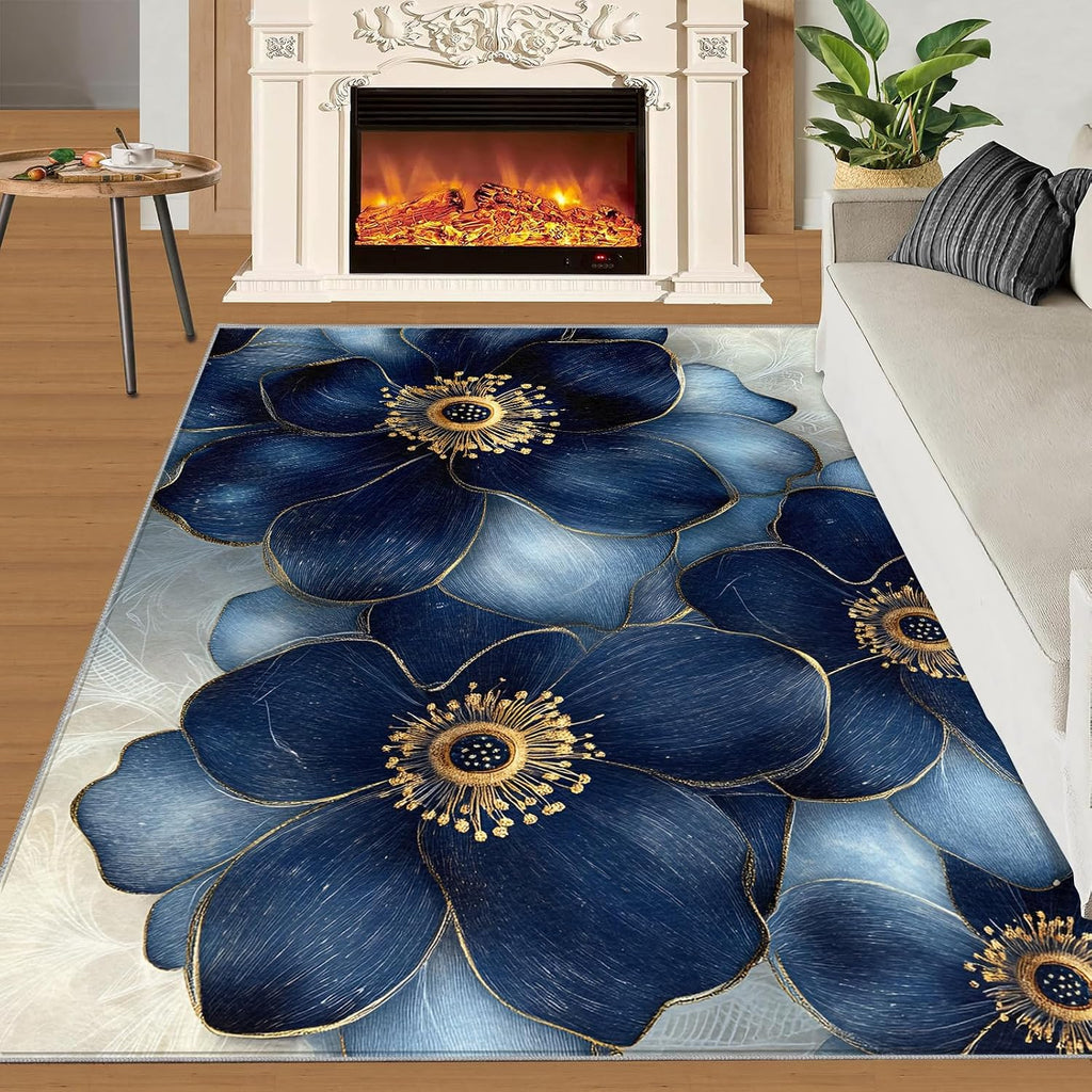 Deep Blue Florals Area Rug 6x8 - Noble Florals Large Rugs for Living Room, Elegant Flowers Carpet Area Rug for Girls Bedroom Kids Room Basement Office Classroom