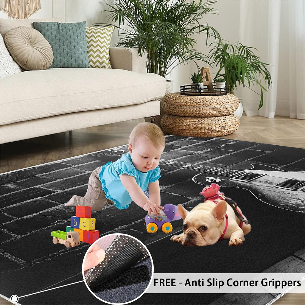 Guitar Rug, Music Rugs for Bedroom 6x9 Rug, Vintage Guitar Area Rug, Rugs for Living Room, Non Slip Washable Carpet for Kids Room Home Decor