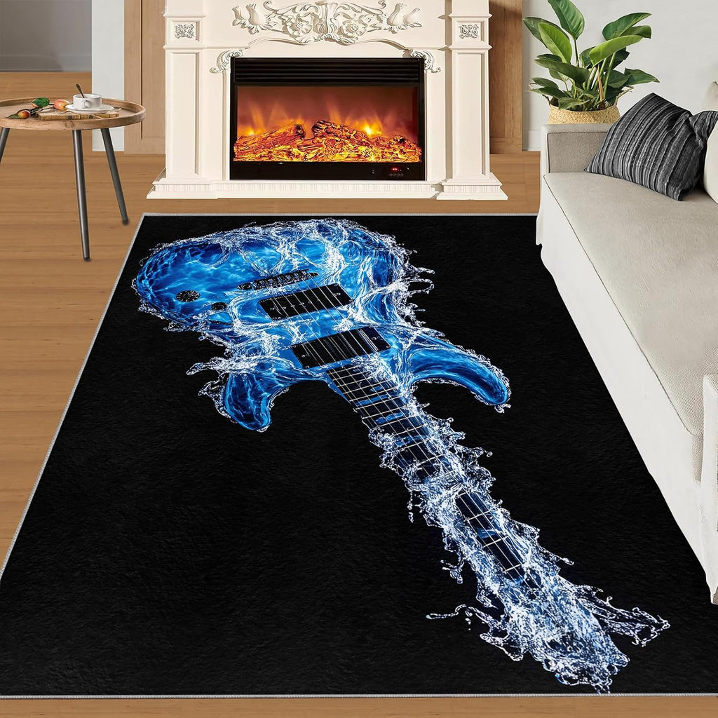 Electric Guitar Rugs for Music Room - 6x8 Rug, Music Area Rugs for Bedroom, Americana Guitars Rugs, Blue Guitars Washable Carpet for Nursery, Musical Carpet, Guitar Home Decor